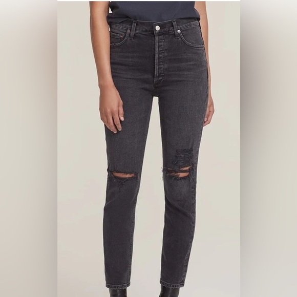 NWT AGOLDE “Nico” high rise slim fit 5 pocket Zip fly faded soft black jeans 24 - Picture 1 of 4